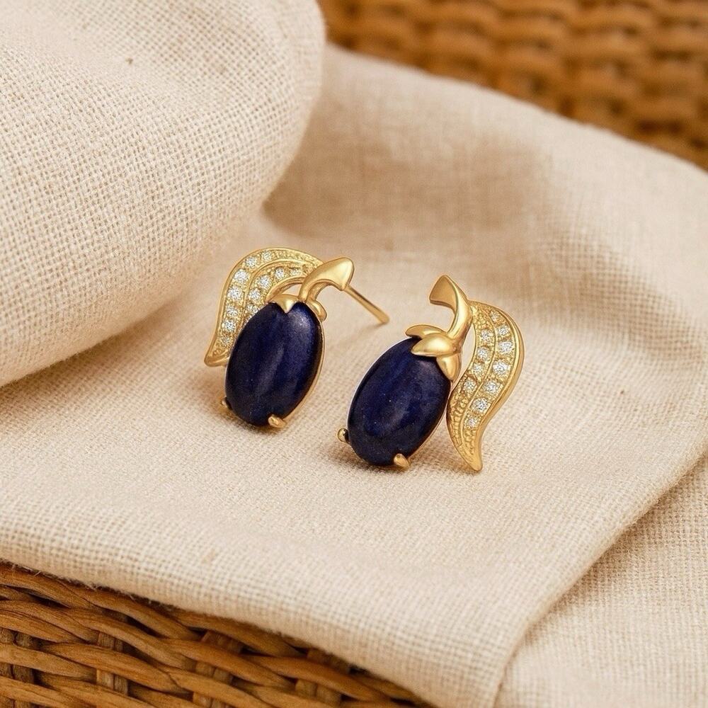 Museum Lapis Lazuli Earrings Berry Plum Gold Art VTG Fruit Court Palace Leaf CZ